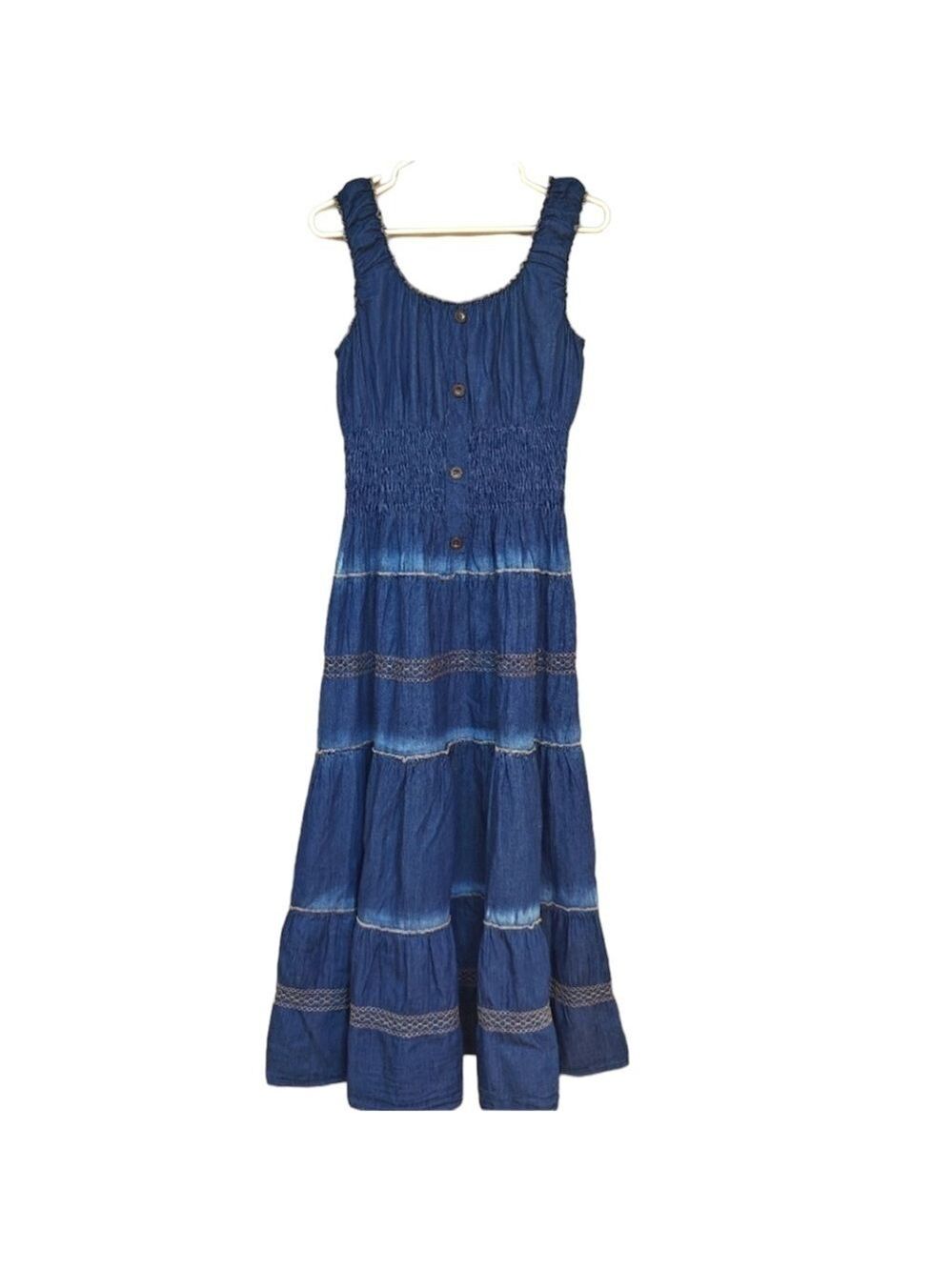 New-anthropologie Lapis Tiered, Bohemian, Chambray, Smocked, Prairie Maxi Dress